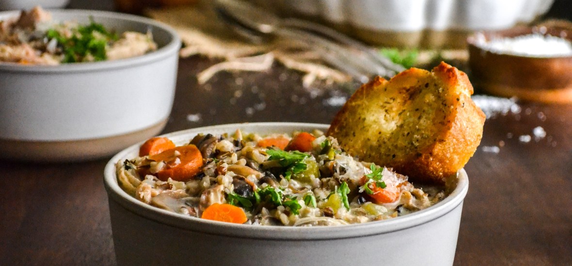 Creamy Chicken and Wild Rice Soup with Parmesan Herb Toast